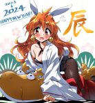  1girl 2023 2024 absurdres animal_ears black_leotard bow bowtie chinese_zodiac earrings fake_animal_ears fang fishnet_pantyhose fishnets highres jewelry leotard lina_inverse long_hair looking_at_viewer orange_hair pantyhose playboy_bunny rabbit_ears rabbit_tail red_eyes slayers solo strapless strapless_leotard tail tokiani year_of_the_dragon year_of_the_rabbit 