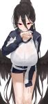  1girl black_hair black_wings blue_archive blush breasts feathered_wings gdd_(vkejr702) grin hasumi_(blue_archive) hasumi_(track)_(blue_archive) highres jacket large_breasts long_hair long_sleeves looking_at_viewer mole mole_under_eye official_alternate_costume official_alternate_hairstyle ponytail red_eyes simple_background smile solo track_jacket very_long_hair white_background wings 