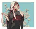  1girl amidura black_hair black_kimono border breasts commentary covered_mouth covering_mouth cowboy_shot facial_mark fate/extra fate/extra_ccc fate/grand_order fate_(series) flower forehead_mark forehead_tattoo hand_on_own_chin hands_up holding_cloth japanese_clothes kimono long_hair long_sleeves looking_afar looking_ahead medium_breasts obi obiage obijime outside_border parted_bangs red_sash sash sessyoin_kiara sidelocks solo wavy_hair white_border white_flower white_veil wide_sleeves 