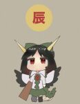  1girl arm_cannon black_hair bow chibi chinese_zodiac dragon_horns green_bow green_skirt grey_background hair_bow horns looking_up red_eyes reiuji_utsuho rn_(sbr2933090) shirt sketch skirt solo touhou weapon white_shirt wings year_of_the_dragon 