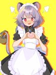  1girl animal_ears apron black_dress dress embarrassed grey_hair harakune_(mugennero) heart heart_hands highres looking_at_viewer maid maid_apron maid_headdress mouse mouse_ears mouse_girl mouse_tail nazrin red_eyes solo tail touhou white_apron yellow_background 