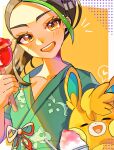  1girl :d black_hair candy_apple dark-skinned_female dark_skin food freckles green_hair green_kimono holding holding_food japanese_clothes kimono long_hair looking_at_viewer nemona_(pokemon) nfvw2evamr86075 open_mouth pawmot pokemon pokemon_(creature) pokemon_sv smile teeth upper_body upper_teeth_only yukata 