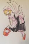  1girl absurdres apron black_dress brown_footwear bucket closed_eyes colored_pencil_(medium) commentary_request dress fairy_maid_(touhou) fairy_wings frilled_apron frilled_socks frills hat highres holding holding_bucket kaigen_1025 maid mob_cap open_mouth petticoat puffy_short_sleeves puffy_sleeves shirt short_hair short_sleeves simple_background smile socks solo touhou traditional_media white_apron white_background white_headwear white_shirt wings 