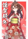  1girl alternate_costume brown_eyes brown_hair ema floral_print high_ponytail highres japanese_clothes kantai_collection kimono long_hair looking_at_viewer new_year red_background red_kimono simple_background smile solo zarashi zuihou_(kancolle) 