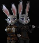  2020 3d_(artwork) anthro armor belt belt_pouch black_background claws clothing crossed_arms crossover digital_media_(artwork) disney duo ears_up eyebrows eyelashes female female/female fingers fur grey_body grey_fur handwear hi_res holding_object holding_weapon judy_hopps lagomorph leporid long_ears looking_at_viewer mammal melee_weapon melo multicolored_body multicolored_ears multicolored_fur pink_nose purple_eyes rabbit shoulder_pads simple_background standing sword the_witcher video_games weapon white_body white_fur zootopia 