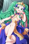  1girl :o barefoot braid breastless_clothes breasts cowboy_shot dress feet fire_emblem fire_emblem:_three_houses green_eyes green_hair hair_ornament hair_ribbon highres long_hair night nipples open_mouth pointy_ears puffy_nipples ribbon ribbon_braid small_breasts smile soles solo sothis_(fire_emblem) throne tiara toes totallyiryanic twin_braids 
