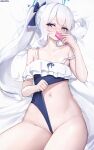  1girl absurdres artist_name bed_sheet black_one-piece_swimsuit blue_archive blue_halo cellphone collarbone cowboy_shot frilled_one-piece_swimsuit frills grey_hair groin halo highres holding holding_phone long_hair looking_at_viewer miyako_(blue_archive) miyako_(swimsuit)_(blue_archive) navel nekoya_(liu) off-shoulder_one-piece_swimsuit off_shoulder official_alternate_costume one-piece_swimsuit phone ponytail purple_eyes smartphone solo swimsuit 