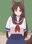  1girl animal_ears arms_behind_back blue_skirt brown_hair chalkboard commentary_request eyebrows_visible_through_hair imaizumi_kagerou long_hair looking_at_viewer older poronegi red_eyes sailor_collar school_uniform short_sleeves skirt smile solo tail touhou wolf_ears wolf_tail 