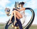  2girls arknights black_hair blue_eyes blue_jacket blue_pants blue_sky bouquet carrying carrying_person closed_eyes dress eunectes_(arknights) flower grey_hair hair_bun hair_ornament hairpin head_wings highres ho&#039;olheyak_(arknights) holding holding_bouquet holding_with_tail jacket multiple_girls open_mouth outdoors panties pants pointy_ears prehensile_tail short_hair ski.ip sky smile snake_tail tail teeth tuxedo underwear upper_teeth_only white_dress white_flower white_panties wife_and_wife wings yuri 