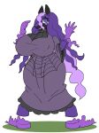 alternate_species anthro big_breasts black_body black_fur breasts clothing dress eyelashes female fur generation_8_pokemon hair hex_maniac hi_res huge_breasts legendary_pokemon long_hair looking_at_viewer nintendo nipple_outline open_mouth pokemon pokemon_(species) purple_clothing purple_dress purple_eyes purple_hair simple_background solo spectrier spiral_eyes thick_thighs tryfag white_background wide_hips