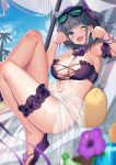  1girl akusema alternate_costume azur_lane bangs bare_shoulders beach beach_chair beach_umbrella bikini bird black-framed_eyewear blue_sky blunt_bangs blurry_foreground blush breasts cheshire_(azur_lane) cheshire_(summery_date!)_(azur_lane) chick cloud day earrings eyebrows_visible_through_hair eyewear_on_head fang flower hair_ribbon hands_up highres jewelry knee_up large_breasts leg_garter leg_up looking_at_viewer maid_headdress manjuu_(azur_lane) multicolored_hair navel neck_ribbon ocean one_eye_closed open_mouth outdoors palm_tree paw_pose purple_bikini purple_flower purple_footwear raised_eyebrows reclining ribbon sandals see-through shiny shiny_hair short_hair sky smile sparkle strapless strapless_bikini sunglasses sweat swimsuit thighs tree two-tone_hair umbrella 