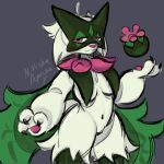 2023 anthro breasts claws digital_drawing_(artwork) digital_media_(artwork) female fur generation_9_pokemon hi_res looking_at_viewer mask meowscarada navel nikeshka nintendo paws pokemon pokemon_(species) simple_background sketch smile solo tail text