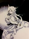  1girl capelet closed_mouth commentary_request dress expressionless forehead_jewel frilled_capelet frills greyscale hands_up highres kaigen_1025 kikuri long_sleeves looking_at_viewer marker_(medium) monochrome orb solo touhou touhou_(pc-98) traditional_media 