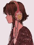  1girl brown_eyes brown_hair brown_sweater expressionless from_side grey_background hasu_art headphones highres iwakura_lain pink_headphones serial_experiments_lain shirt simple_background solo sweater white_shirt wire 