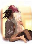  1boy 1girl alternate_costume barefoot between_legs black_hair brown_pants chinese_commentary closed_eyes collared_shirt commentary couple fudou_yuusei grey_shirt hand_on_another&#039;s_ass hand_on_another&#039;s_back hand_on_another&#039;s_neck hetero highres indoors izayoi_aki kneeling long_sleeves multicolored_hair naoki_(2rzmcaizerails6) no_pants open_clothes open_shirt pants purple_hair shirt short_hair sitting spiked_hair streaked_hair sweatdrop twilight white_shirt yu-gi-oh! yu-gi-oh!_5d&#039;s 