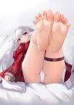  1girl absurdres bare_legs barefoot cameltoe clara_(honkai:_star_rail) commentary_request dress highres honkai:_star_rail honkai_(series) long_sleeves lying on_back panties pantyshot pink_eyes red_dress solo styx thigh_strap thighs underwear white_hair white_panties 