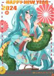  1girl ahoge blue_eyes blue_hair blue_kimono blush brown_footwear dot_nose dragon eastern_dragon floral_print food full_body hair_between_eyes hand_up hatsune_miku highres holding holding_food holding_spring_onion holding_vegetable inset_border japanese_clothes kimono long_hair long_sleeves looking_at_viewer obi open_hand open_mouth oyu_(umyu13137) print_kimono rectangular_mouth sandals sash seigaiha sidelocks socks solo spring_onion squatting sweatdrop twintails twitter_username vegetable very_long_hair vocaloid watermark wavy_mouth white_socks wide_sleeves zouri 