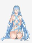  1girl azura_(fire_emblem) blue_hair breasts closed_mouth english_commentary fire_emblem fire_emblem_fates full_body highres kneeling long_hair looking_at_viewer naked_ribbon navel nipples nude pomelomelon ribbon small_breasts solo veil very_long_hair white_background yellow_eyes 