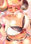  absurdres anila_(granblue_fantasy) anila_(summer)_(granblue_fantasy) bely_chain bikini blonde_hair blush breasts cleavage curled_horns draph granblue_fantasy ha88hama highres hikimayu horns huge_breasts layered_bikini long_hair navel open_mouth plump sweat swimsuit very_long_hair yellow_eyes 