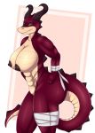  abs anthro bandaged_arm bandaged_leg big_breasts big_butt breasts butt dragon female hand_on_hip harnny hi_res muscular muscular_female nipples nude scalie 