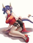  1girl absurdres arknights ass bangs bare_legs black_shorts blue_hair blush breasts ch&#039;en_(arknights) china_dress chinese_clothes cleavage cleavage_cutout commentary_request double_bun dragon_horns dragon_tail dress grey_background high_heels highres holster horns korean_commentary long_hair looking_at_viewer medium_breasts red_dress red_eyes red_footwear shadow short_shorts shorts sidelocks simple_background sleeveless sleeveless_dress solo tail thigh_holster thigh_strap thighs uth_95 