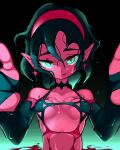  +_+ 1girl black_hair breasts collarbone colored_skin doomsdaily333 earrings green_eyes hairband highres jewelry licking_lips looking_at_viewer original pointy_ears pov reaching reaching_towards_viewer red_skin revealing_clothes short_hair small_breasts solo tongue tongue_out wet 