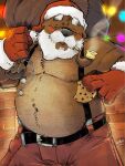 2023 anthro bag bear beard belly belt big_belly blush bottomwear brick_wall christmas christmas_clothing christmas_headwear clothed clothing cookie eyebrows facial_hair food fur gloves handwear hat headgear headwear hi_res holding_object holidays k-9 looking_at_viewer male mammal narrowed_eyes navel nipples overweight overweight_anthro overweight_male pants santa_claus santa_hat signature smile smoking_pipe solo standing suspenders topless topless_anthro topless_male tuft wall_(structure)