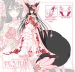  1girl adoptable animal_ears antennae artist_name bare_shoulders black_hair bow bow_legwear bowtie butterfly_wings choker collarbone colored_tips commentary dotted_line dress dress_flower english_commentary english_text floral_print flower fox_ears fox_tail full_body green_eyes head_wings high_heels insect_wings lace-trimmed_choker lace-trimmed_sleeves lace_trim large_tail leaf long_dress long_hair long_sleeves looking_at_viewer multicolored_hair original outline parted_lips pink_bow pink_bowtie pink_choker pink_dress pink_flower pink_hair pink_rose pink_sleeves puffy_long_sleeves puffy_sleeves red_bow red_eyes red_flower red_footwear red_rose red_wings rose rose_print sawaiidoll see-through see-through_sleeves simple_background single_bare_leg solo straight-on strapless strapless_dress tail two-tone_eyes very_long_hair white_background white_outline wings 