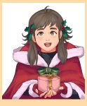  1girl absurdres alternate_costume brown_eyes brown_hair christmas commission fire_emblem fire_emblem_fates gift highres holding holding_gift looking_at_viewer mistletoe_hair_ornament mozu_(fire_emblem) open_mouth quiu_bagan santa_costume sidelocks solo teeth upper_teeth_only 