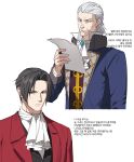  2boys absurdres ace_attorney ascot black_hair black_vest blue_jacket cheekbones closed_mouth grey_eyes grey_hair gwiga0 highres holding holding_paper jacket korean_text looking_at_object male_focus manfred_von_karma miles_edgeworth multiple_boys old old_man paper red_jacket short_hair translation_request vest white_ascot white_background 