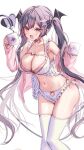  1girl ayuma_sayu black_hair breasts cleavage cup demon_tail fang head_wings highres holding holding_cup large_breasts leaning_forward long_hair long_sleeves looking_at_viewer mug navel off_shoulder original pink_eyes riasu-chan_(ayuma_sayu) simple_background solo tail thighhighs twintails white_background white_thighhighs wings 