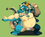  1boy aqua_skin bara beard belly big_belly bulge chest_tuft chinese_zodiac deformed dragon_boy dragon_horns facial_hair fat fighting_stance full_beard full_body fundoshi furry furry_male horns huge_eyebrows japanese_clothes male_focus mature_male multicolored_hair nanadragon4 pixel_art qinglong_(housamo) solo thick_beard thick_eyebrows thighs tokyo_afterschool_summoners two-tone_beard two-tone_hair white_hair year_of_the_dragon 