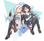  2girls ;d ahoge arm_support azur_lane bandaid bandaid_on_nose bangs bare_shoulders black_collar black_gloves black_hair black_jacket black_legwear blue_background blue_tank_top bottle breasts cassin_(azur_lane) cleavage clothes_writing collar collarbone commentary_request crossed_legs downes_(azur_lane) earrings eyebrows_visible_through_hair fingerless_gloves full_body gloves hair_between_eyes hair_ornament hairclip halftone halftone_background holding holding_bottle jacket jewelry knees_together_feet_apart komamitsu long_hair looking_at_viewer low_ponytail mole mole_under_eye multicolored_hair multiple_girls off-shoulder_jacket one_eye_closed open_mouth ponytail red_eyes retrofit_(azur_lane) rudder_footwear shirt short_sleeves sidelocks sitting sleeveless sleeveless_shirt small_breasts smile soda_bottle tank_top thigh_strap thighhighs united_states_navy white_background white_hair white_shirt yellow_eyes 