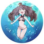  1girl absurdres azur_lane barefoot bikini black_bikini brown_hair crown drooling eyebrows_visible_through_hair flat_chest full_body green_eyes highres long_hair mmhomm navel open_mouth solo swimsuit twintails underwater york_(azur_lane) york_(summoner_from_the_azure_depths)_(azur_lane) 