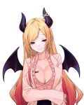  1girl absurdres alternate_eye_color bat_wings black_skirt blonde_hair blue_eyes breast_tattoo breasts center_frills cleavage closed_mouth coat demon_girl demon_horns demon_wings frilled_shirt frills gradient_hair hair_ribbon heart highres hololive horn_ornament horn_ring horns lab_coat large_breasts miniskirt multicolored_hair ocha_illust open_clothes open_coat pencil_skirt pink_hair pink_shirt pointy_ears ribbon shirt single_sidelock skirt solo tattoo tress_ribbon virtual_youtuber winged_heart winged_heart_tattoo wings yuzuki_choco yuzuki_choco_(1st_costume) 