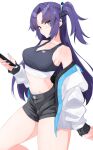  1girl alternate_costume black_shorts black_sports_bra blue_archive blue_eyes blue_nails breasts cellphone cleavage denim denim_shorts highres holding holding_phone isocha jacket long_hair looking_at_viewer medium_breasts open_clothes open_jacket phone purple_hair shorts smartphone solo sports_bra thick_thighs thighs two_side_up white_background yuuka_(blue_archive) 