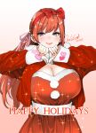  2023 blue_eyes breasts christmas cleavage dress feet_out_of_frame final_fantasy final_fantasy_xiv hair_between_eyes hair_ribbon happy_holidays heart heart_hands highres jacket large_breasts light_blush lipstick long_hair looking_at_viewer makeup ooshima_ryou pink_ribbon red_jacket red_ribbon ribbon ryne_waters santa_costume santa_dress signature simple_background smile sparkle upper_body 