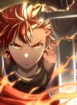  &gt;:( 1boy closed_mouth diamant_(fire_emblem) fire fire_emblem fire_emblem_engage high_collar highres holding holding_sword holding_weapon looking_at_viewer male_focus red_eyes red_hair sword v-shaped_eyebrows weapon yozu_(yozu0420) 