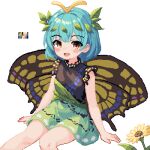 1girl 999_(hansode) antennae aqua_hair butterfly_wings dress eternity_larva flower green_dress insect_wings leaf leaf_on_head multicolored_clothes multicolored_dress open_mouth orange_eyes pixel_art short_sleeves simple_background sitting touhou white_background wings 