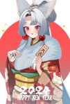  1girl 2024 animal_ears blush breasts circle commentary_request cowboy_shot curtained_hair floral_print_kimono fox_ears fur-trimmed_kimono fur_trim furisode grey_hair half_updo hand_on_own_chest happy_new_year highres holding japanese_clothes kimono large_breasts long_hair long_sleeves looking_at_viewer new_year obi obijime omikuji open_mouth purple_eyes red_background red_kimono sash sidelocks smile solo standing touhoku_itako two-tone_background very_long_hair voiceroid white_background wide_sleeves yakata_tata 