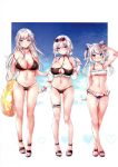  3girls absurdres animal_ear_fluff animal_ears arm_up armpits ass_visible_through_thighs azur_lane bare_arms bare_legs bare_shoulders belfast_(azur_lane) bikini black_bikini blue_eyes braid breasts cameltoe cat_ears chiyingzai choker cleavage closed_mouth collarbone eyewear_on_head flower frilled_bikini frills front-tie_top frown full_body groin hair_flower hair_ornament hair_rings halter_top halterneck hammann_(azur_lane) hammann_(rebellious_summer)_(azur_lane) heart heart-shaped_eyewear height_difference highres holding huge_filesize innertube large_breasts leg_garter long_hair looking_at_viewer multiple_girls navel o-ring o-ring_bikini off_shoulder parted_lips purple_eyes red_eyes sandals scan scrunchie short_hair short_ponytail side-by-side silver_hair sirius_(azur_lane) sirius_(midsummer_seirios)_(azur_lane) small_breasts smile sparkle standing stomach strap_slip sunglasses swimsuit thigh_gap thighs twintails white_bikini wrist_scrunchie 