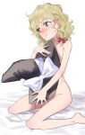  absurdres barefoot bed_sheet black_headwear blonde_hair blush bow braid clenched_teeth completely_nude covering_privates ear_blush flat_chest gunnjou_yosio hair_bow highres kirisame_marisa large_hat looking_to_the_side nude red_bow short_hair simple_background single_braid sitting spread_fingers tearing_up teeth touhou white_background yellow_eyes 