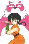  1980s_(style) 1girl black_hair blue_eyes bracer braid chinese_clothes fighting_stance genderswap genderswap_(mtf) highres long_hair official_art oldschool panda ranma-chan ranma_1/2 saotome_genma saotome_ranma scan sleeveless takahashi_rumiko 