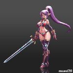  1girl aqua_eyes bikini boots breasts full_body gloves gradient_background high_ponytail holding holding_sword holding_weapon large_breasts long_hair mabius navel original pixel_art pointy_ears purple_hair solo swimsuit sword thighhighs very_long_hair weapon 