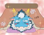  1boy aqua_skin bara beard blush chibi chinese_zodiac colored_skin dragon_boy dragon_horns facial_hair full_beard furry furry_male highres horns k.t_(kt0414143919) kotatsu lying male_focus mature_male on_stomach qinglong_(housamo) relaxing solo table thick_beard tokyo_afterschool_summoners two-tone_beard under_kotatsu under_table year_of_the_dragon 