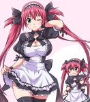  2girls airi_(queen&#039;s_blade) airi_(queen&#039;s_blade)_(cosplay) black_ribbon blue_eyes blush breasts cleavage cosplay frills goriate green_eyes hair_ribbon highres large_breasts long_hair looking_at_viewer maid maid_headdress melona multiple_girls one_eye_closed queen&#039;s_blade red_hair ribbon scythe short_sleeves symbol-shaped_pupils thighhighs twintails very_long_hair wrist_cuffs 