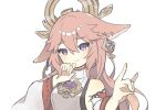  animal_ears detached_sleeves earrings floppy_ears fox_ears fox_shadow_puppet genshin_impact hand_to_own_mouth highres japanese_clothes jewelry komano_shia pink_hair purple_eyes simple_background smile upper_body white_background wide_sleeves yae_miko 