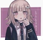  1girl :o backpack bag black_jacket black_shirt blunt_bangs blush brown_hair character_name danganronpa_(series) danganronpa_2:_goodbye_despair dress_shirt galaga grey_shirt hand_up jacket long_sleeves medium_hair nanami_chiaki open_clothes open_jacket pink_bag pink_eyes shirt solo upper_body white_background yu_(12y18) 