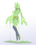  1girl breasts colored_skin completely_nude full_body green_eyes green_hair green_skin grin highres horns large_breasts monster_girl no_nipples nude original oversized_forearms oversized_limbs saltisan short_hair skeleton slime_(substance) slime_girl smile solo translucent_skin 