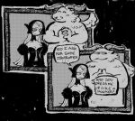  1girl annoyed averting_eyes breasts cleavage closed_eyes closed_mouth commentary dress dungeon_meshi english_commentary english_text feathered_wings frown greyscale hood horns long_hair looking_at_another looking_down marcille monochrome multiple_views official_alternate_costume open_mouth own_hands_together small_breasts smile speech_bubble spoilers sweatdrop winged_lion_(dungeon_meshi) wings wombrion 